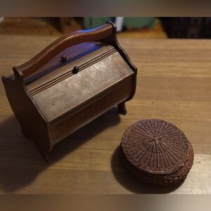 Vintage Wooden Sewing Caddy and Sewing Basket
